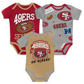 San Francisco 49ers Baby 1st ROUND PICK 3PC CREEPER SET product image 1, provided for visual reference and product detail