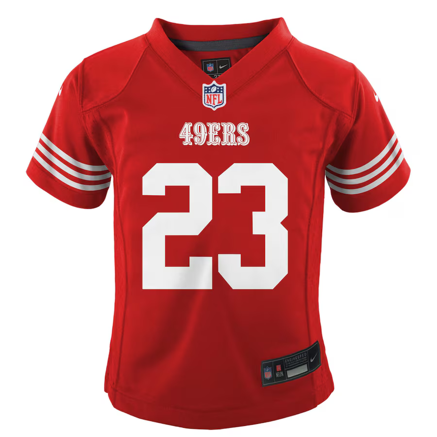 Infant Nike Christian McCaffrey Scarlet San Francisco 49ers Game Jersey product image 3, provided for visual reference and