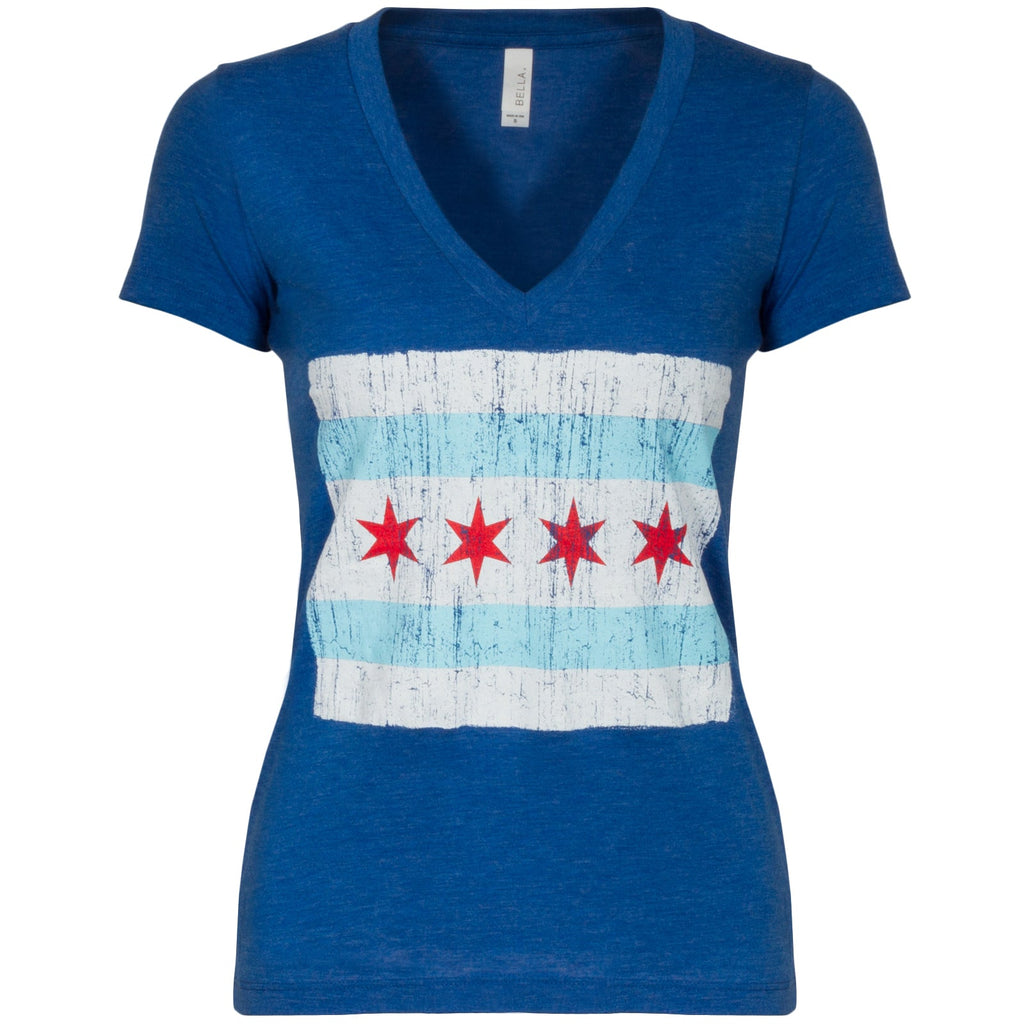 Chicago Women Royal Distressed Flag Triblend V-Neck T-Shirt product image 1, provided for visual reference and product