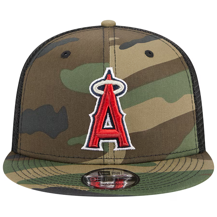 New Era Los Angeles Angels Woodland Camo Trucker 9FIFTY Snapback Hat-Camo/Black product image 3, provided for visual