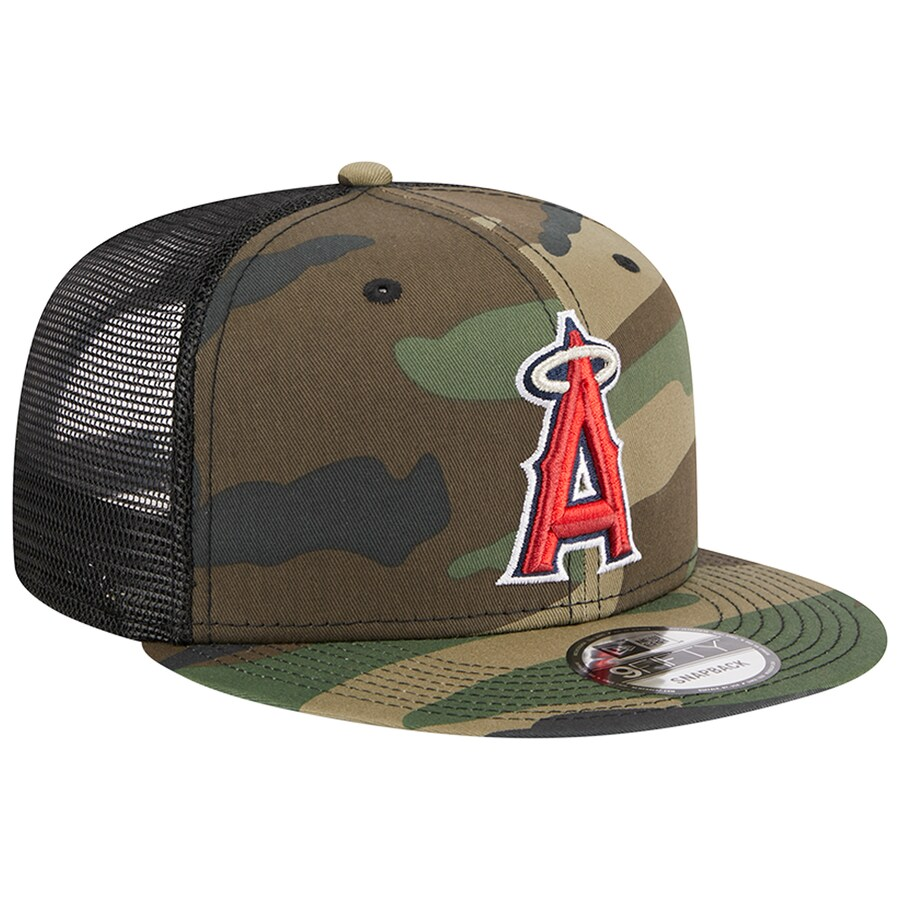 New Era Los Angeles Angels Woodland Camo Trucker 9FIFTY Snapback Hat-Camo/Black product image 1, provided for visual