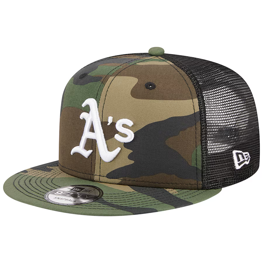 New Era Oakland Athletics Woodland Camo Trucker 9FIFTY Snapback Hat-Camo/Black product image 2, provided for visual