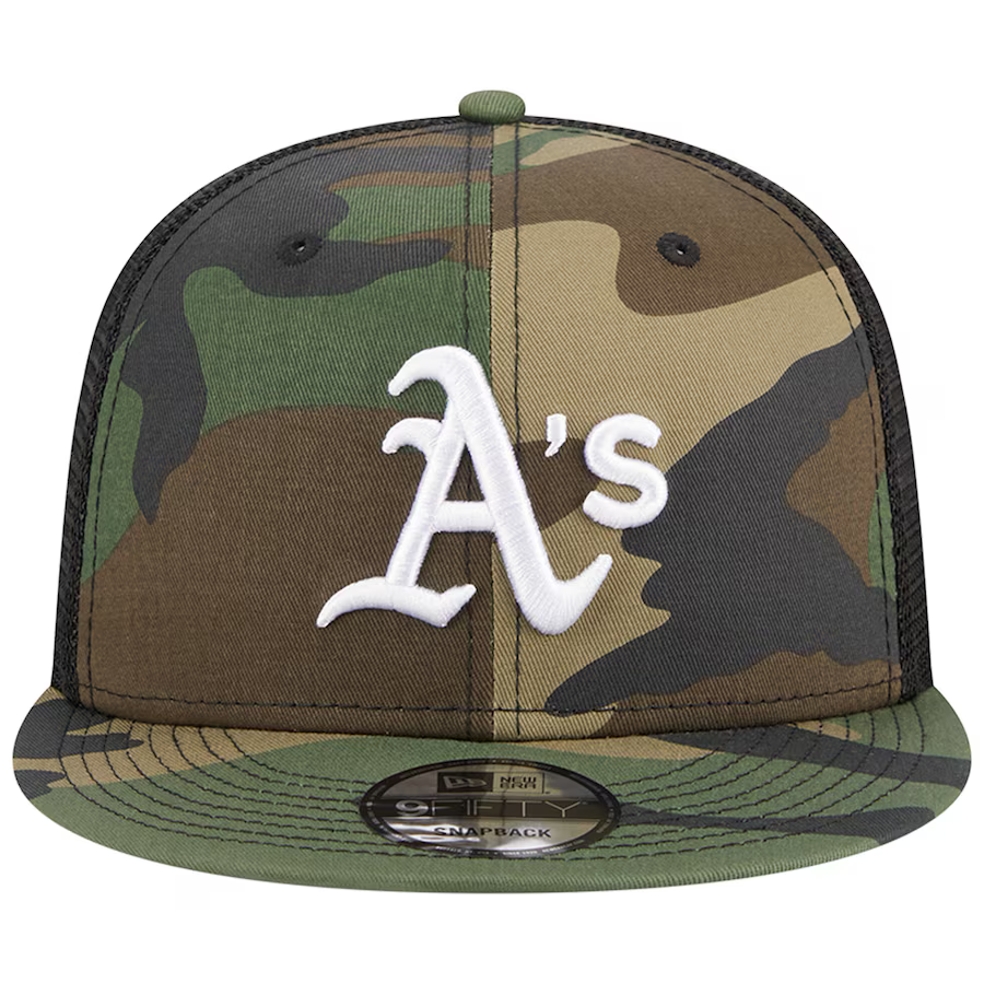 New Era Oakland Athletics Woodland Camo Trucker 9FIFTY Snapback Hat-Camo/Black product image 3, provided for visual