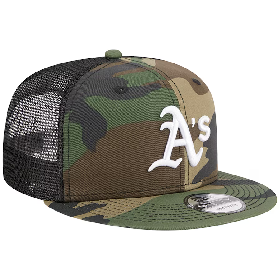 New Era Oakland Athletics Woodland Camo Trucker 9FIFTY Snapback Hat-Camo/Black product image 1, provided for visual