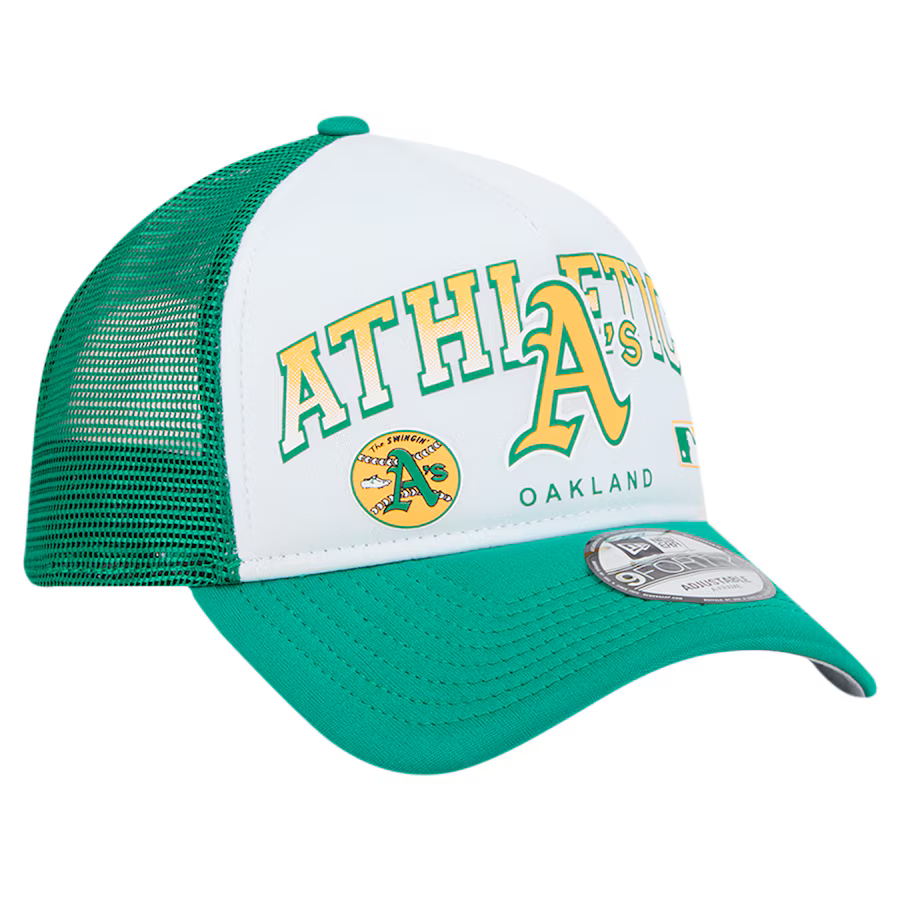 New Era Oakland A's Retro Wordmark 9FORTY A-Frame Trucker Adjustable Hat product image 1, provided for visual reference and