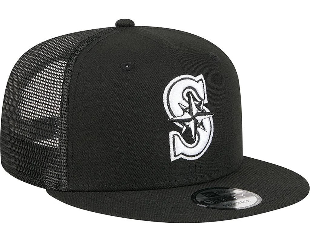 New Era Seattle Mariners 9FIFTY Trucker Snapback Hat - Black/White product image 2, provided for visual reference and