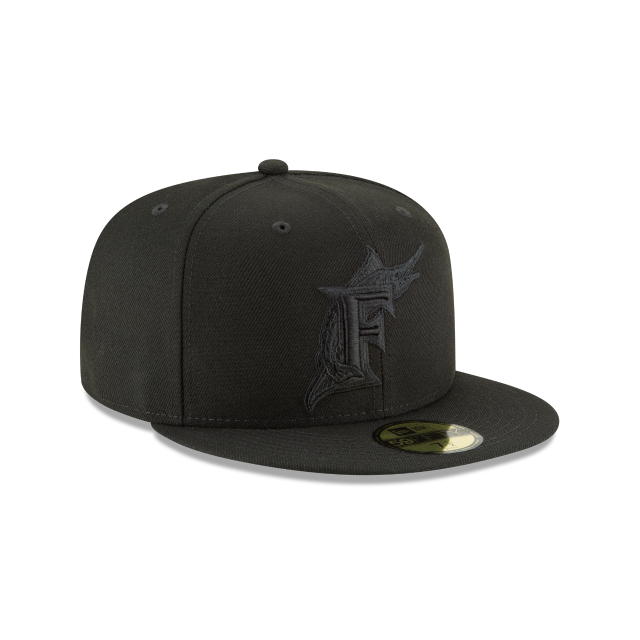 New Era Florida Marlins 59FIFTY Fitted Hat- BLACK ON BLACK product image 2, provided for visual reference and product detail